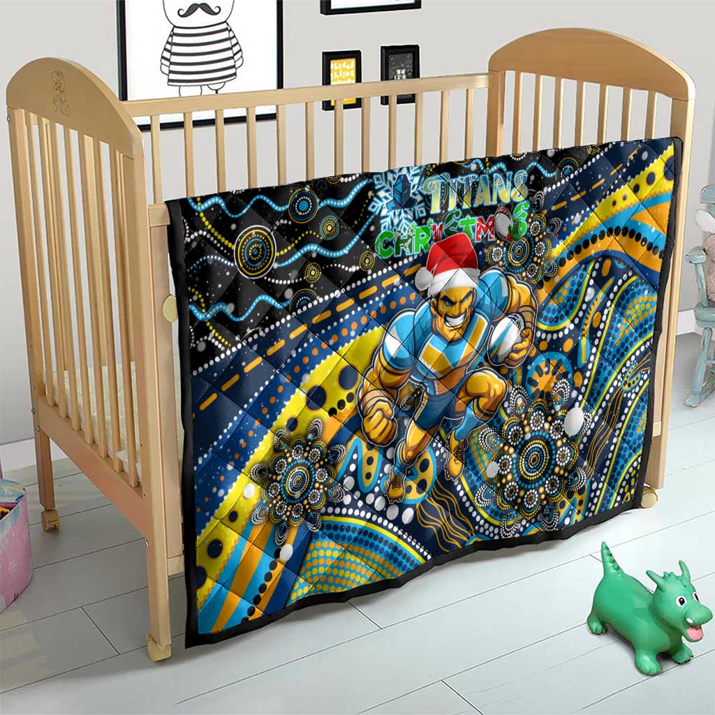 Merry Christmas Gold Coast Titans Quilt Aboriginal Santa Rugby Mascot - Light Blue