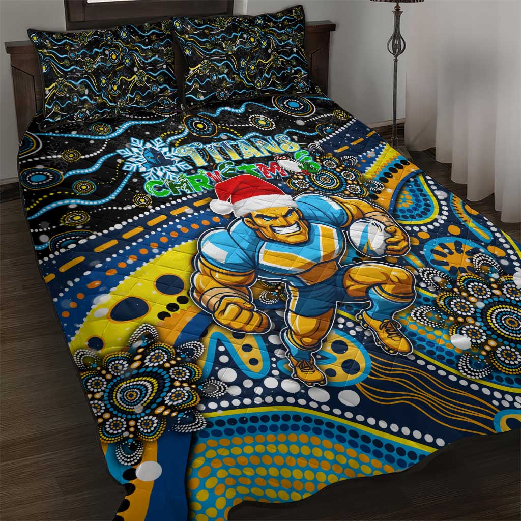 Merry Christmas Gold Coast Titans Quilt Bed Set Aboriginal Santa Rugby Mascot - Light Blue