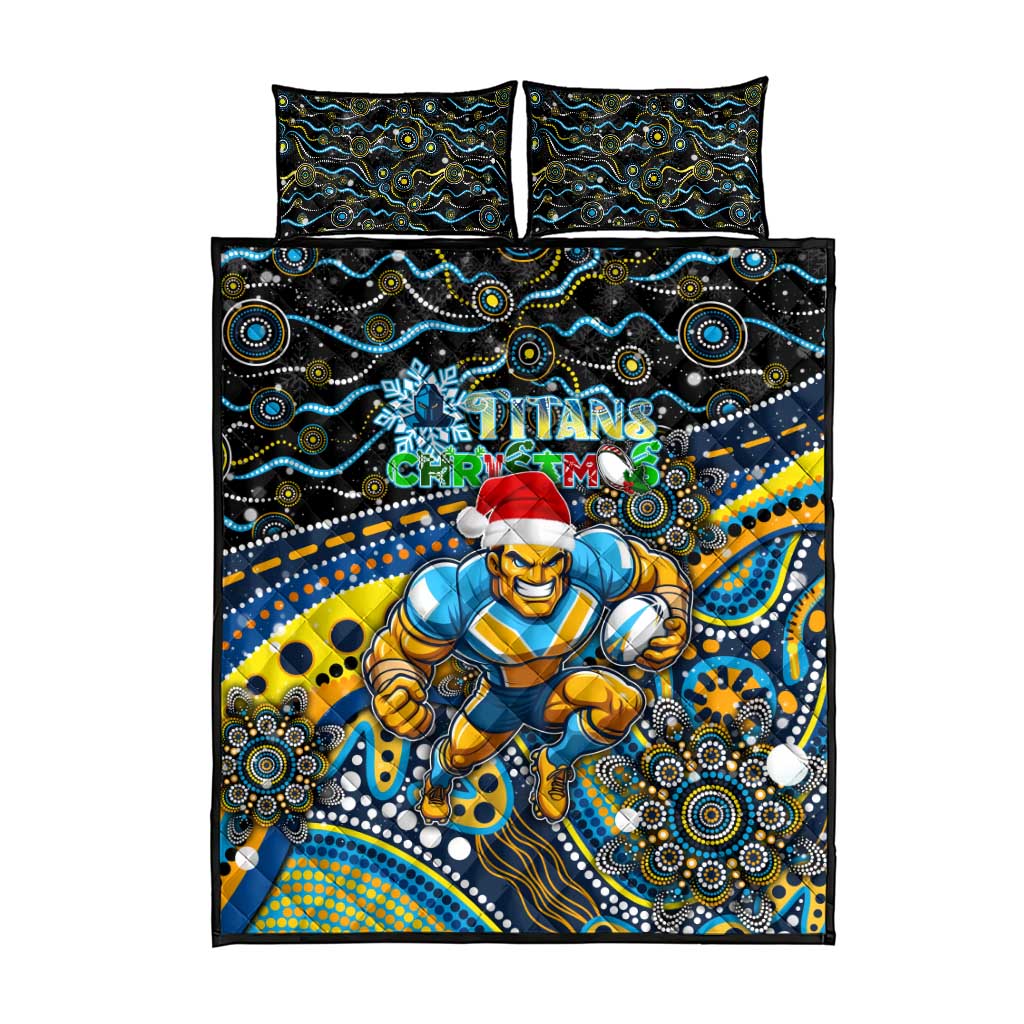 Merry Christmas Gold Coast Titans Quilt Bed Set Aboriginal Santa Rugby Mascot - Light Blue