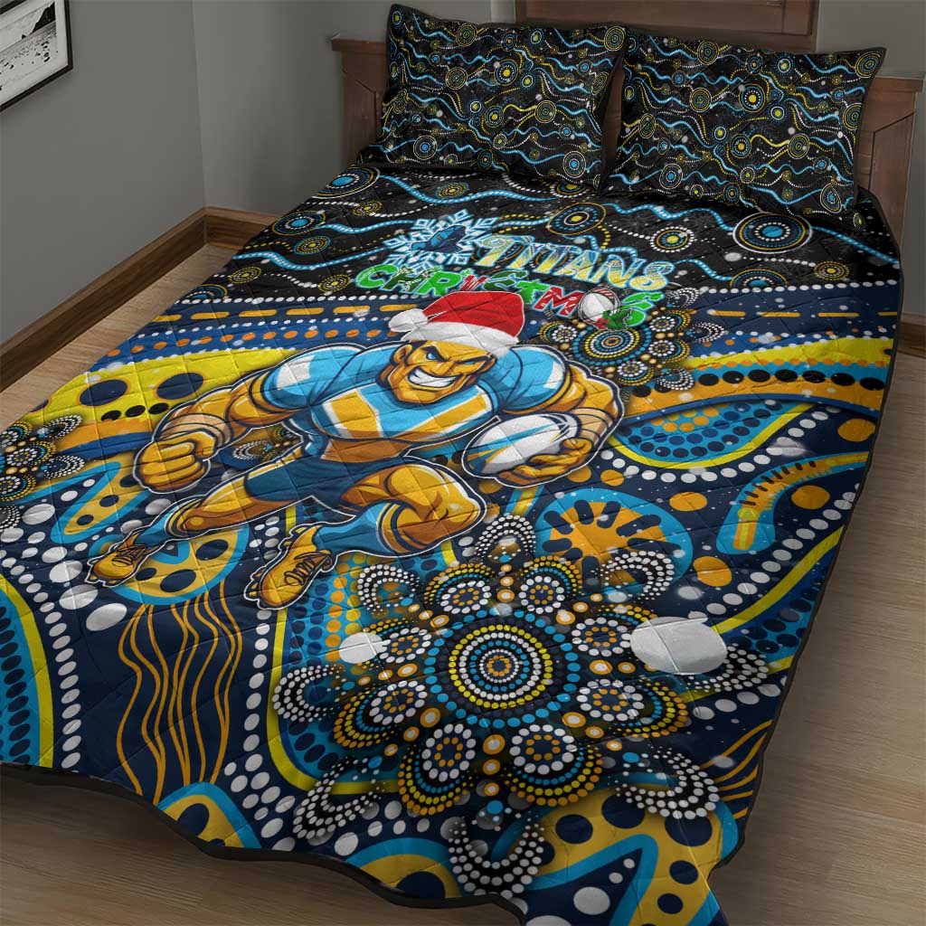Merry Christmas Gold Coast Titans Quilt Bed Set Aboriginal Santa Rugby Mascot - Light Blue