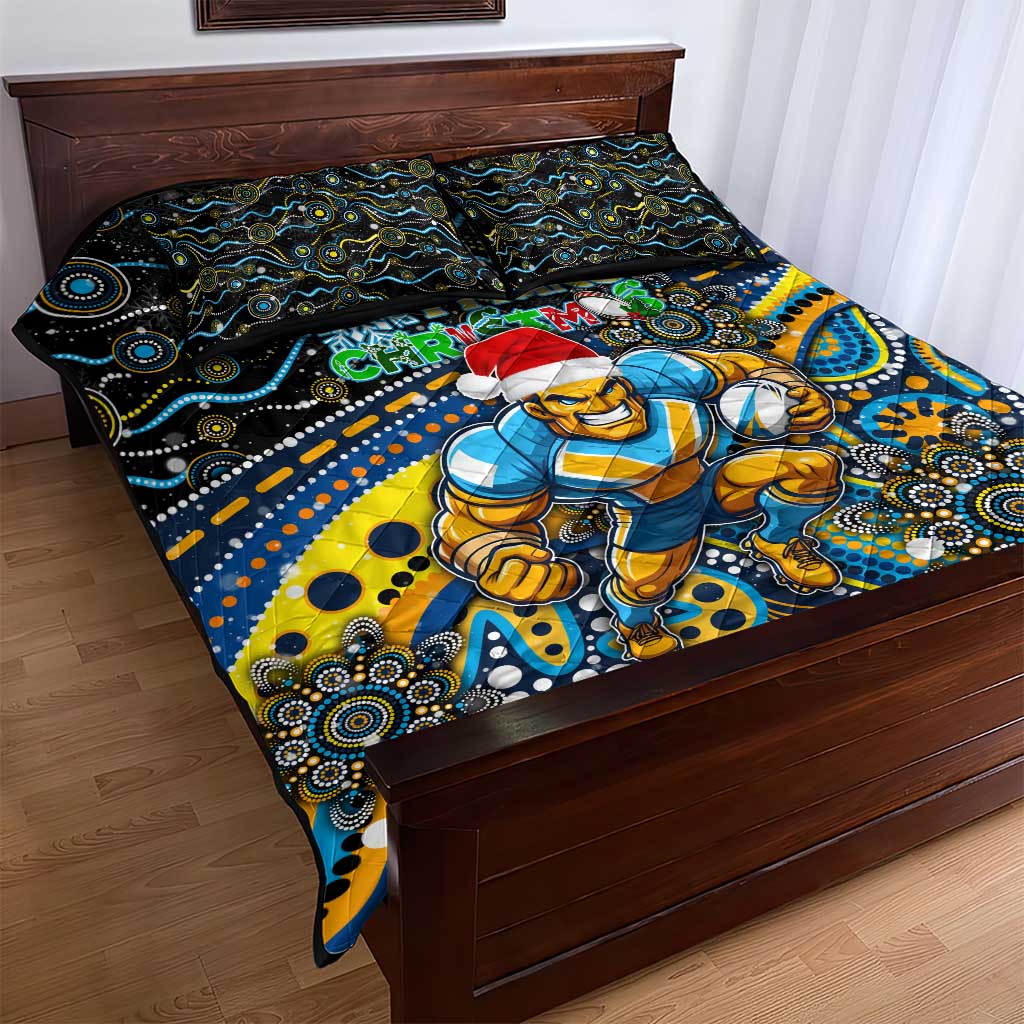 Merry Christmas Gold Coast Titans Quilt Bed Set Aboriginal Santa Rugby Mascot - Light Blue