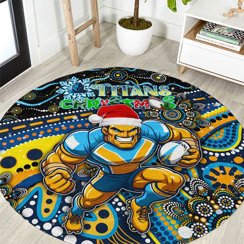 Merry Christmas Gold Coast Titans Round Carpet Aboriginal Santa Rugby Mascot - Light Blue