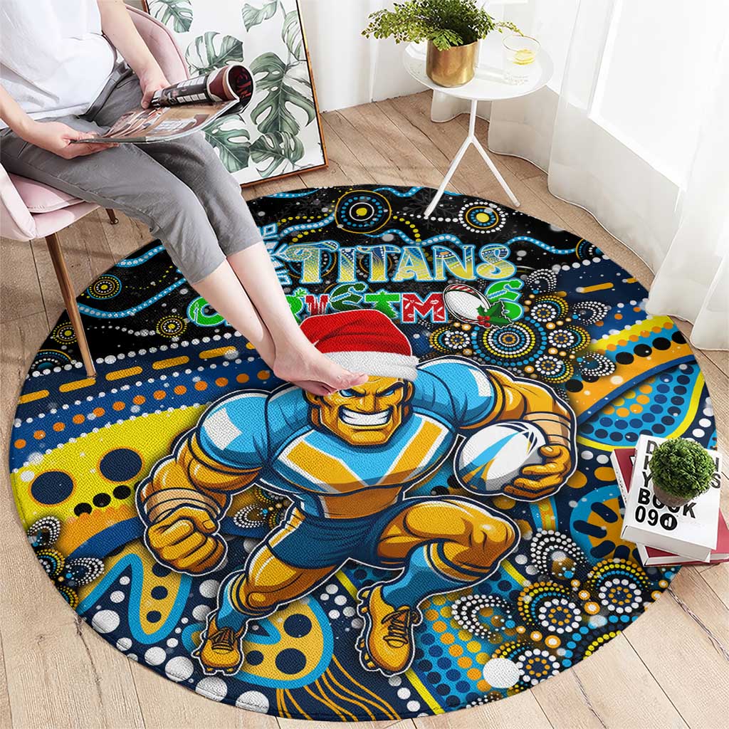Merry Christmas Gold Coast Titans Round Carpet Aboriginal Santa Rugby Mascot - Light Blue