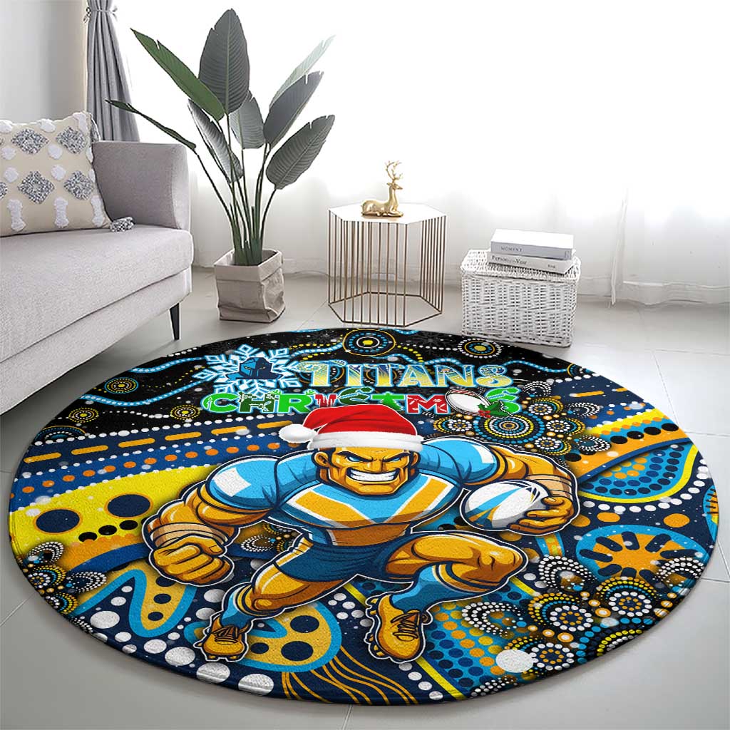 Merry Christmas Gold Coast Titans Round Carpet Aboriginal Santa Rugby Mascot - Light Blue