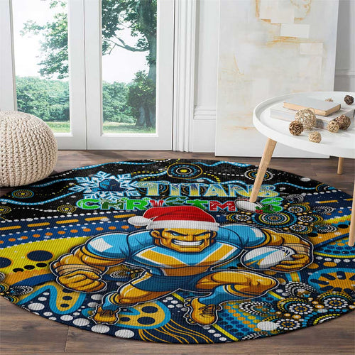 Merry Christmas Gold Coast Titans Round Carpet Aboriginal Santa Rugby Mascot - Light Blue