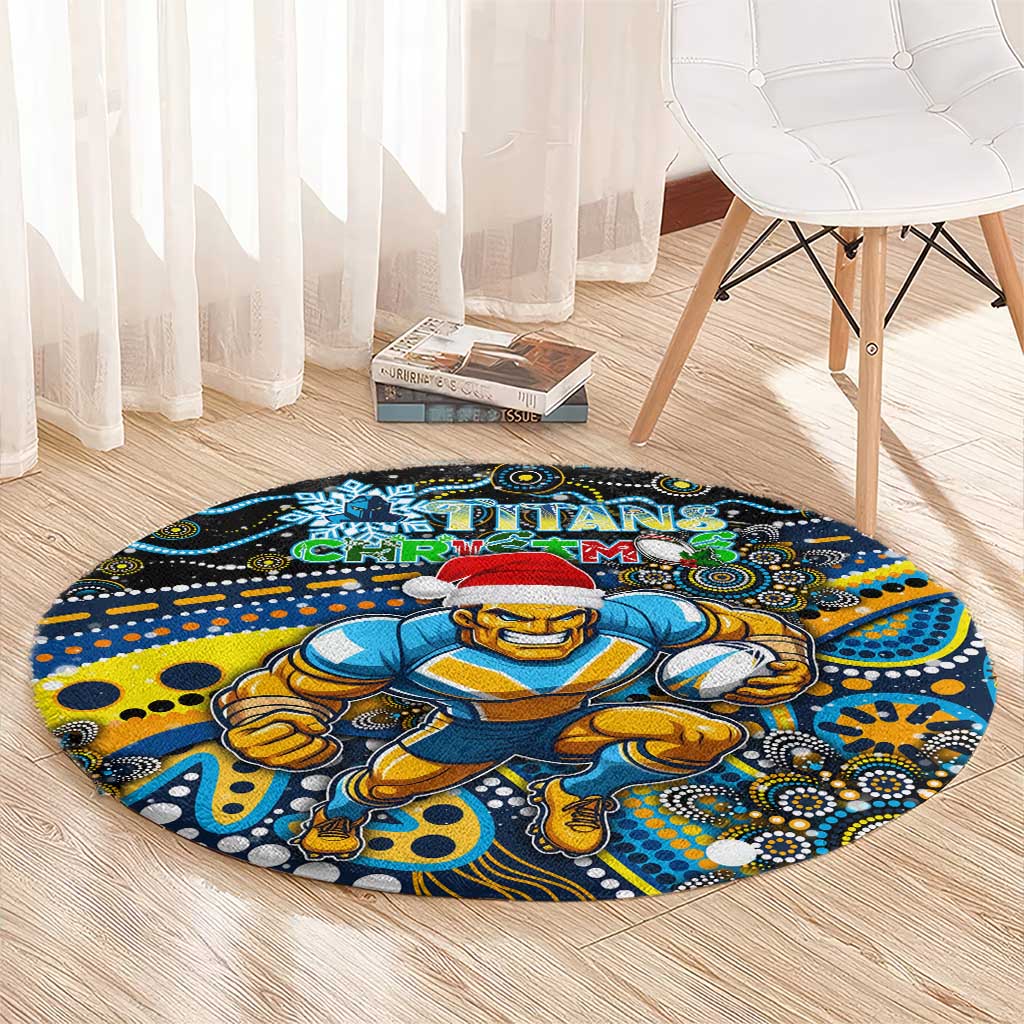 Merry Christmas Gold Coast Titans Round Carpet Aboriginal Santa Rugby Mascot - Light Blue