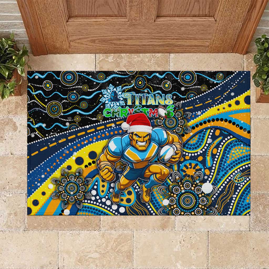 Merry Christmas Gold Coast Titans Rubber Doormat Aboriginal Santa Rugby Mascot - Light Blue