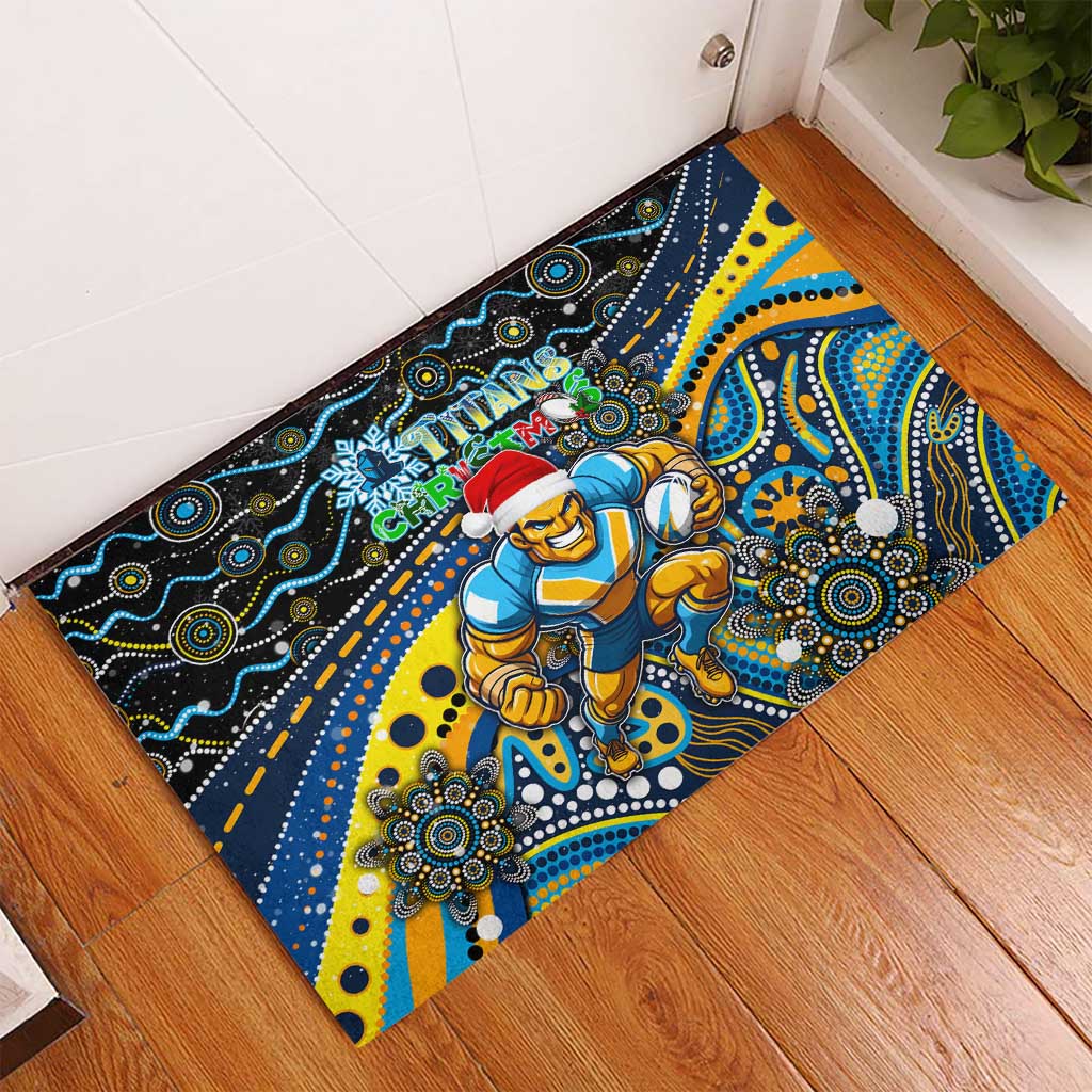 Merry Christmas Gold Coast Titans Rubber Doormat Aboriginal Santa Rugby Mascot - Light Blue