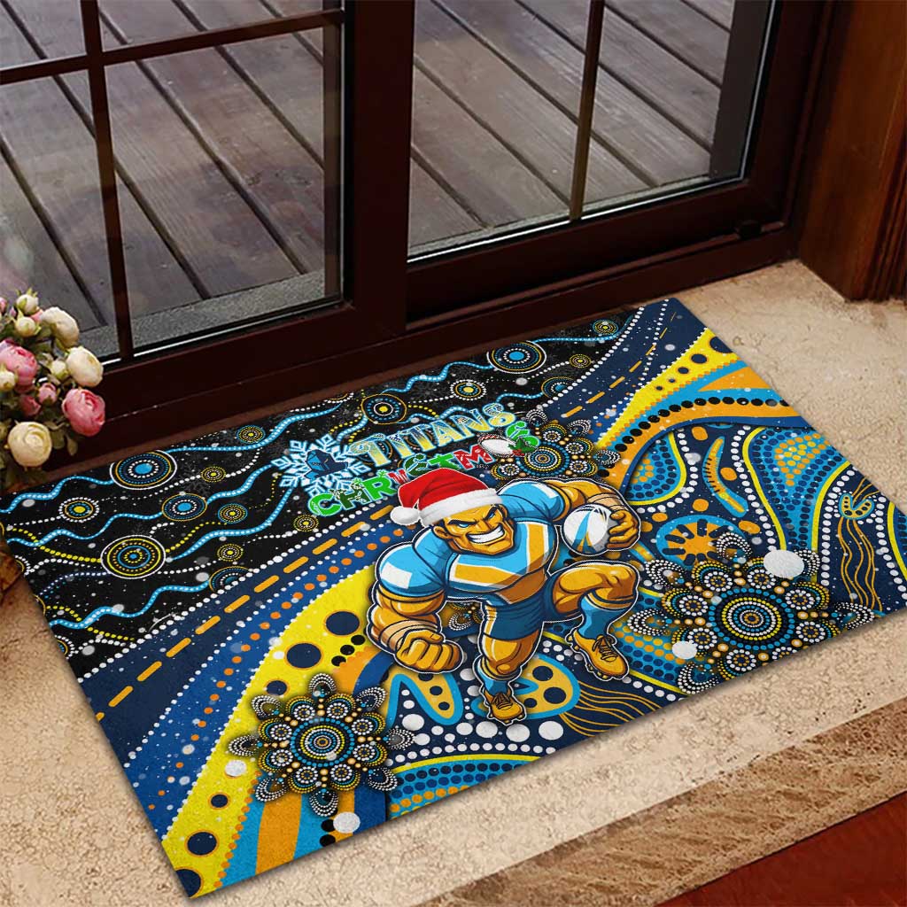 Merry Christmas Gold Coast Titans Rubber Doormat Aboriginal Santa Rugby Mascot - Light Blue