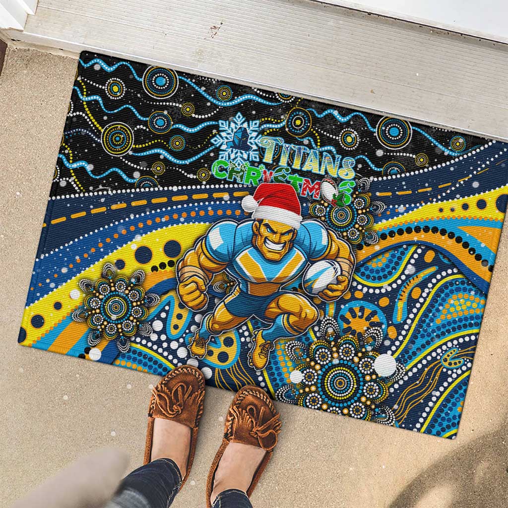 Merry Christmas Gold Coast Titans Rubber Doormat Aboriginal Santa Rugby Mascot - Light Blue