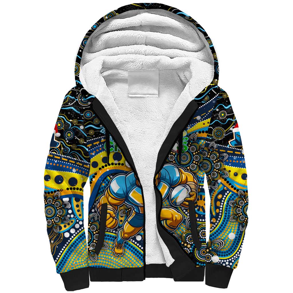 Merry Christmas Gold Coast Titans Sherpa Hoodie Aboriginal Santa Rugby Mascot - Light Blue