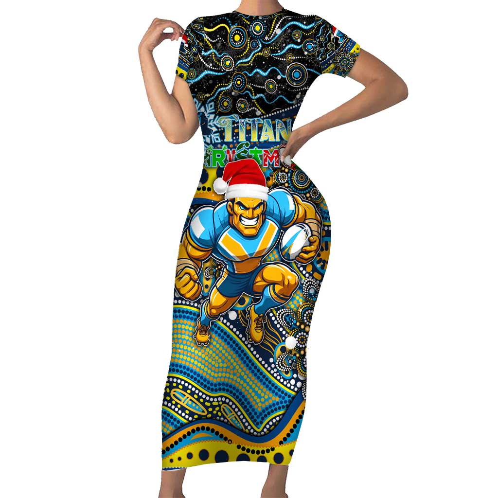 Merry Christmas Gold Coast Titans Short Sleeve Bodycon Dress Aboriginal Santa Rugby Mascot - Light Blue