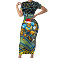 Merry Christmas Gold Coast Titans Short Sleeve Bodycon Dress Aboriginal Santa Rugby Mascot - Light Blue