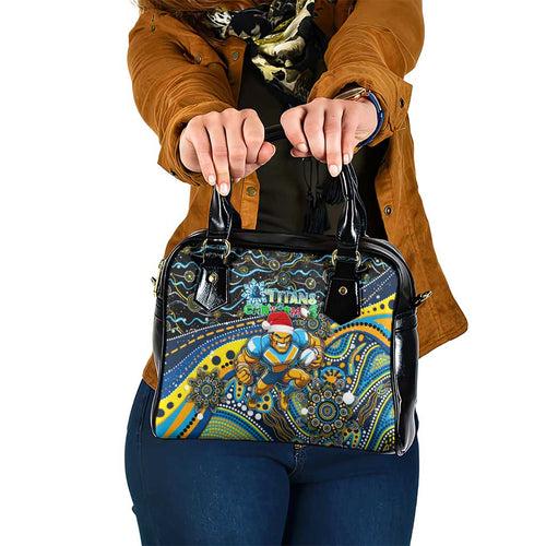 Merry Christmas Gold Coast Titans Shoulder Handbag Aboriginal Santa Rugby Mascot - Light Blue