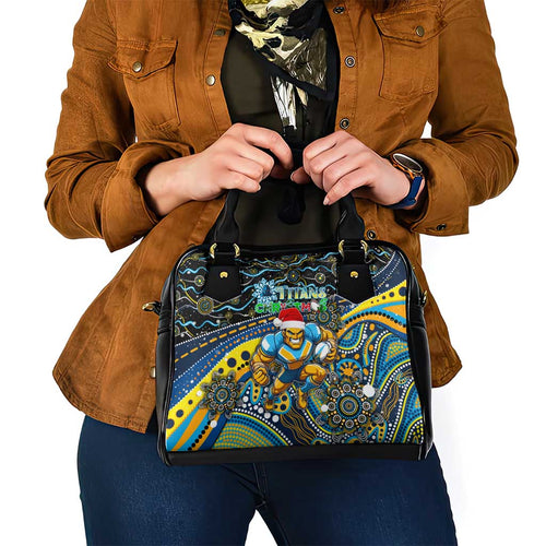 Merry Christmas Gold Coast Titans Shoulder Handbag Aboriginal Santa Rugby Mascot - Light Blue