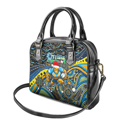 Merry Christmas Gold Coast Titans Shoulder Handbag Aboriginal Santa Rugby Mascot - Light Blue