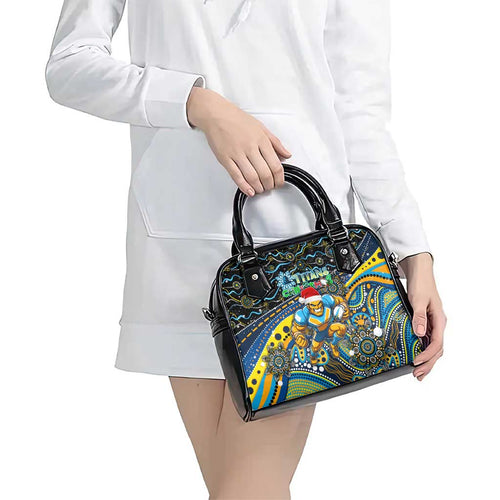 Merry Christmas Gold Coast Titans Shoulder Handbag Aboriginal Santa Rugby Mascot - Light Blue