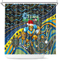Merry Christmas Gold Coast Titans Shower Curtain Aboriginal Santa Rugby Mascot - Light Blue