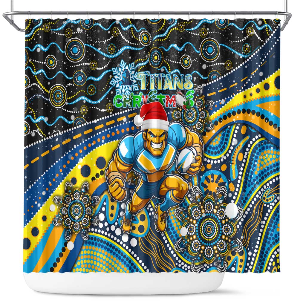Merry Christmas Gold Coast Titans Shower Curtain Aboriginal Santa Rugby Mascot - Light Blue