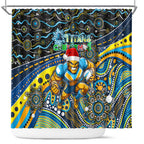 Merry Christmas Gold Coast Titans Shower Curtain Aboriginal Santa Rugby Mascot - Light Blue