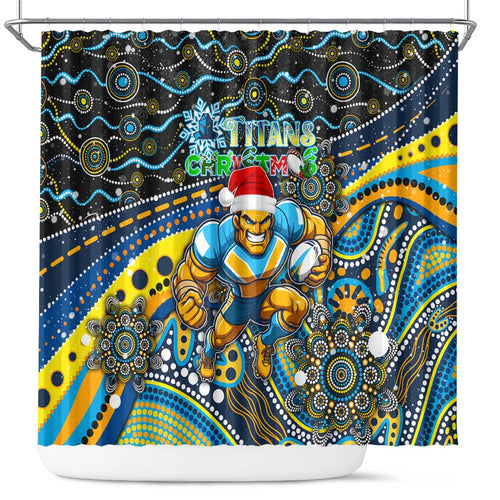 Merry Christmas Gold Coast Titans Shower Curtain Aboriginal Santa Rugby Mascot - Light Blue