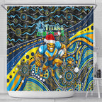 Merry Christmas Gold Coast Titans Shower Curtain Aboriginal Santa Rugby Mascot - Light Blue
