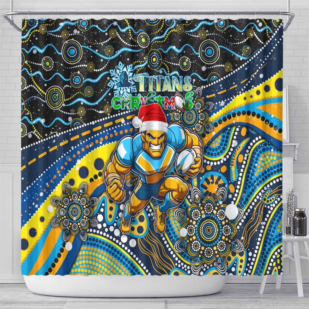 Merry Christmas Gold Coast Titans Shower Curtain Aboriginal Santa Rugby Mascot - Light Blue