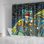 Merry Christmas Gold Coast Titans Shower Curtain Aboriginal Santa Rugby Mascot - Light Blue