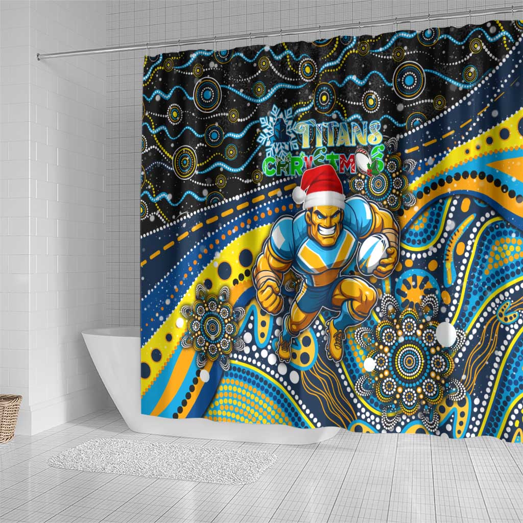 Merry Christmas Gold Coast Titans Shower Curtain Aboriginal Santa Rugby Mascot - Light Blue