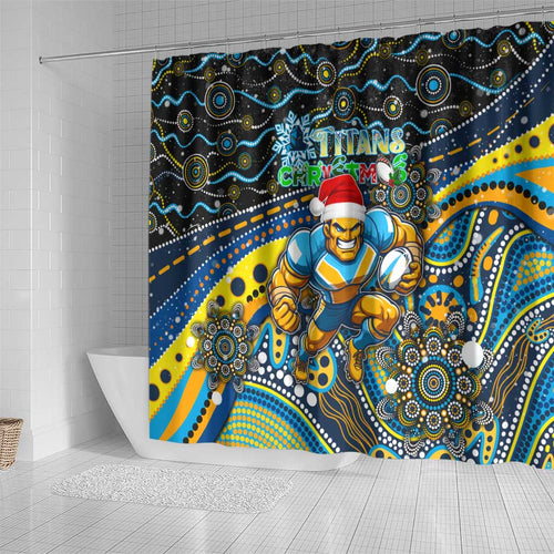 Merry Christmas Gold Coast Titans Shower Curtain Aboriginal Santa Rugby Mascot - Light Blue