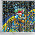 Merry Christmas Gold Coast Titans Shower Curtain Aboriginal Santa Rugby Mascot - Light Blue