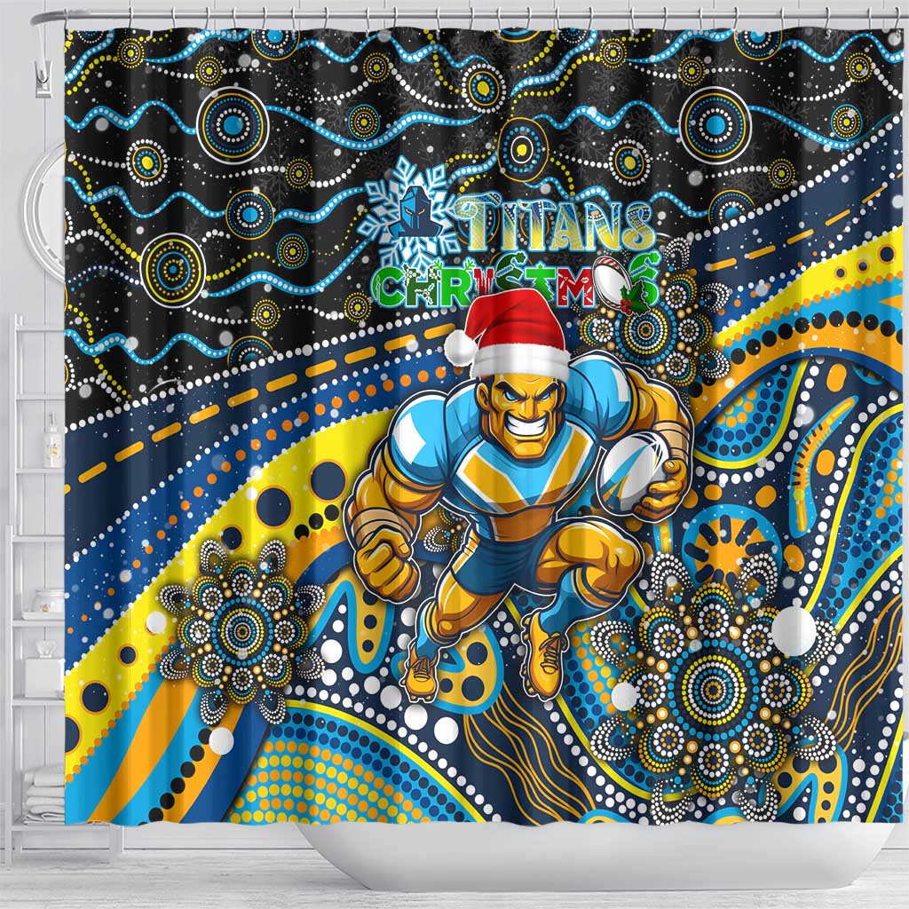 Merry Christmas Gold Coast Titans Shower Curtain Aboriginal Santa Rugby Mascot - Light Blue