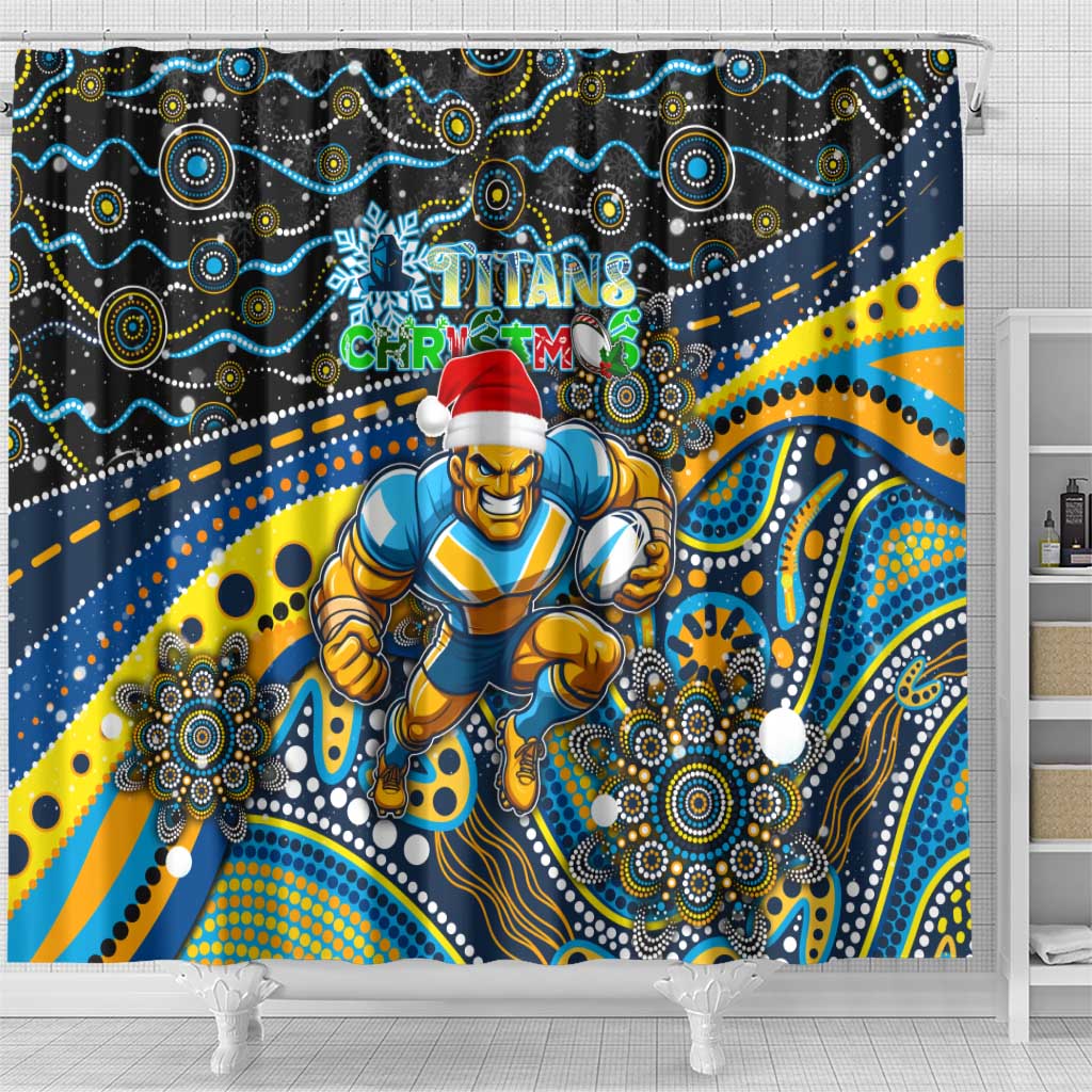 Merry Christmas Gold Coast Titans Shower Curtain Aboriginal Santa Rugby Mascot - Light Blue