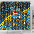Merry Christmas Gold Coast Titans Shower Curtain Aboriginal Santa Rugby Mascot - Light Blue
