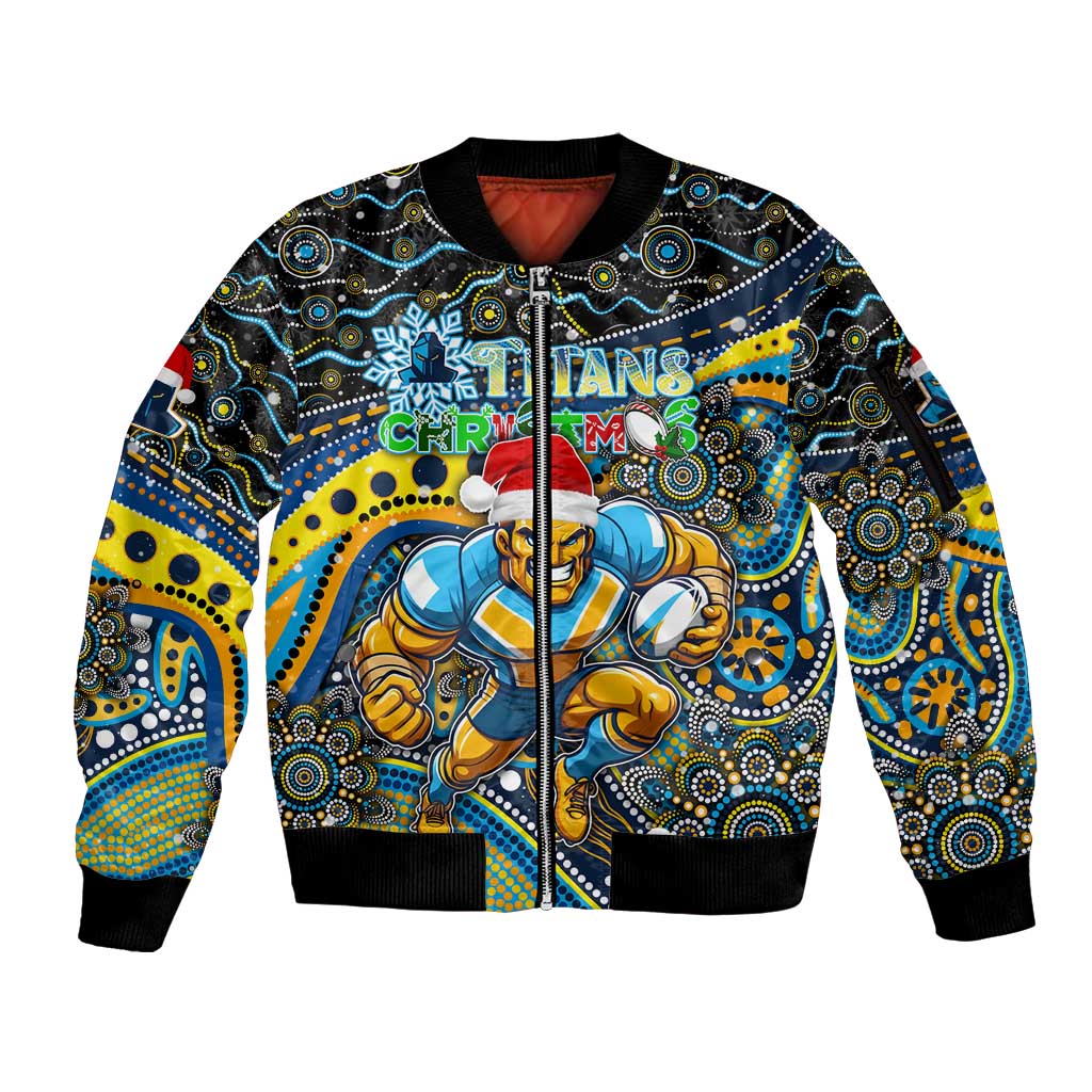 Merry Christmas Gold Coast Titans Sleeve Zip Bomber Jacket Aboriginal Santa Rugby Mascot - Light Blue