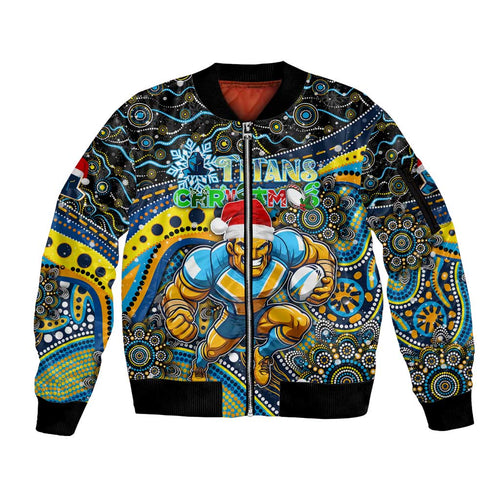 Merry Christmas Gold Coast Titans Sleeve Zip Bomber Jacket Aboriginal Santa Rugby Mascot - Light Blue