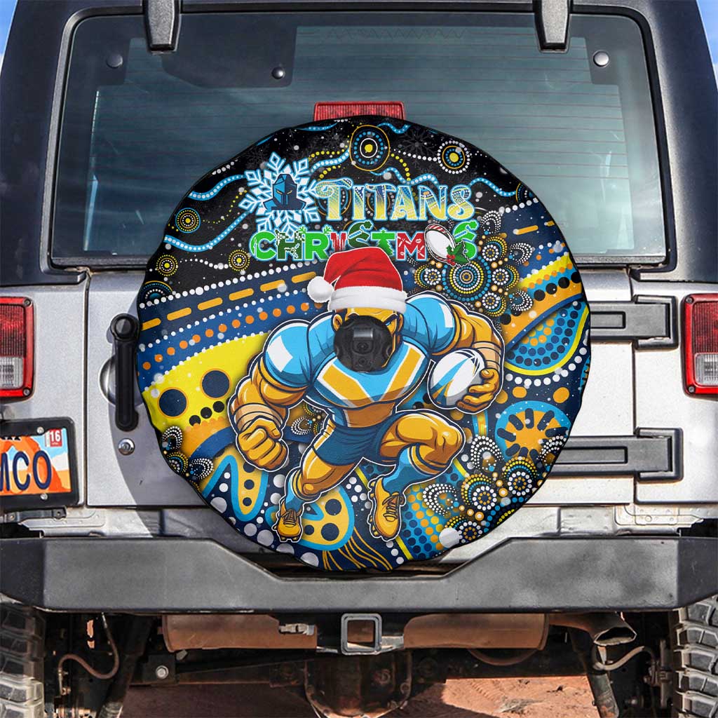 Merry Christmas Gold Coast Titans Spare Tire Cover Aboriginal Santa Rugby Mascot - Light Blue