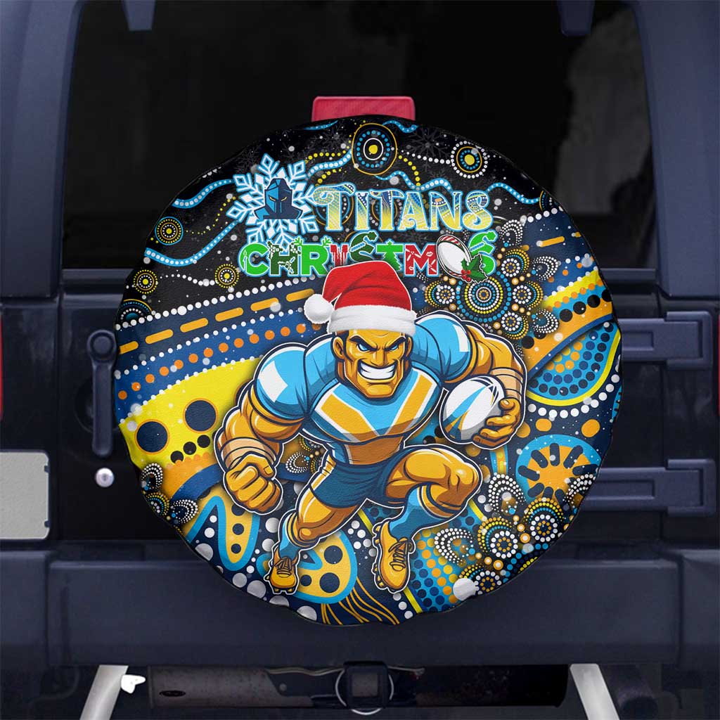 Merry Christmas Gold Coast Titans Spare Tire Cover Aboriginal Santa Rugby Mascot - Light Blue