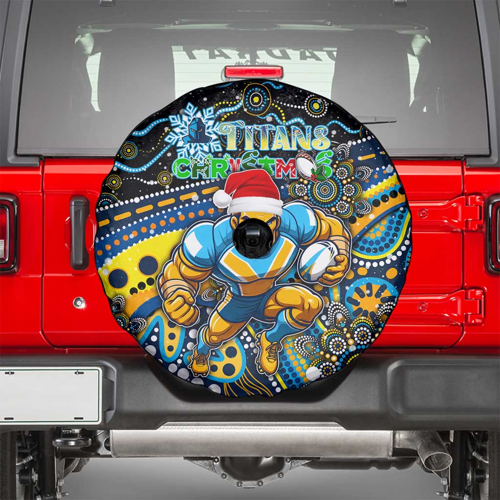 Merry Christmas Gold Coast Titans Spare Tire Cover Aboriginal Santa Rugby Mascot - Light Blue