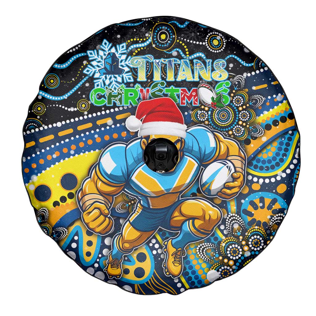 Merry Christmas Gold Coast Titans Spare Tire Cover Aboriginal Santa Rugby Mascot - Light Blue