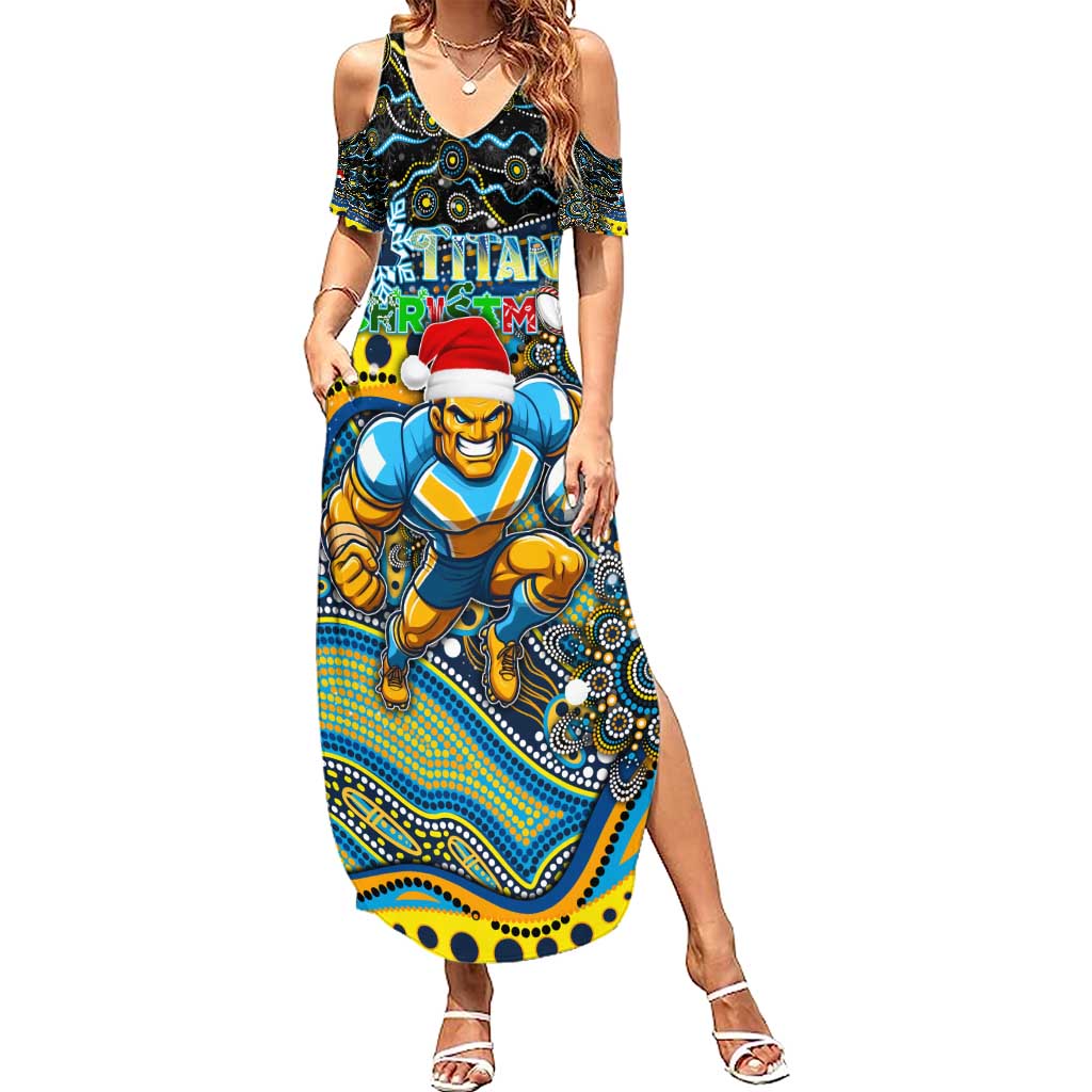 Merry Christmas Gold Coast Titans Summer Maxi Dress Aboriginal Santa Rugby Mascot - Light Blue