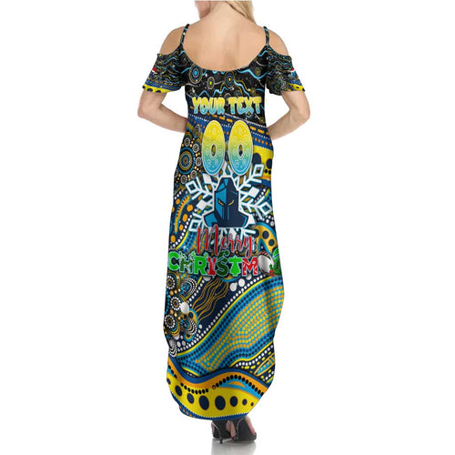 Merry Christmas Gold Coast Titans Summer Maxi Dress Aboriginal Santa Rugby Mascot - Light Blue