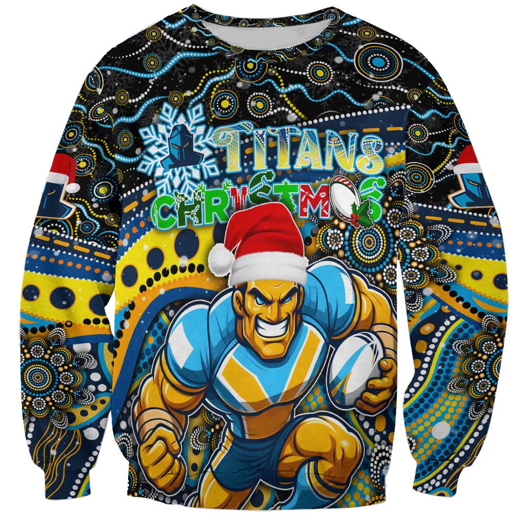 Merry Christmas Gold Coast Titans Sweatshirt Aboriginal Santa Rugby Mascot - Light Blue