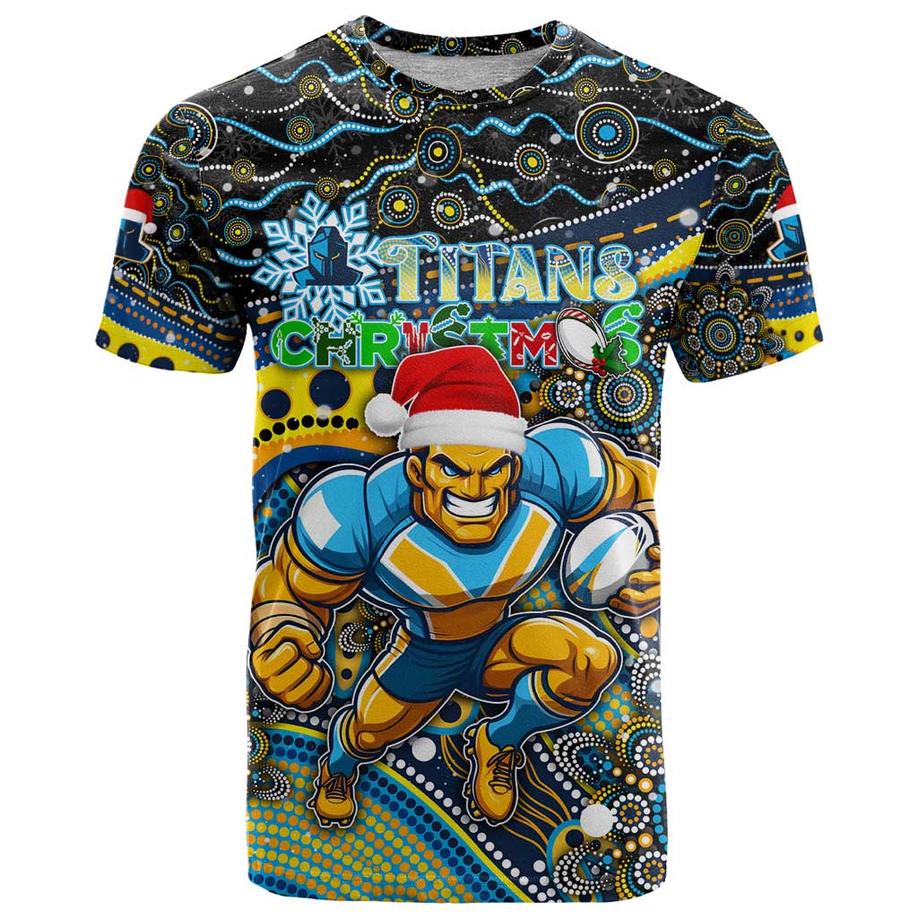 Merry Christmas Gold Coast Titans T Shirt Aboriginal Santa Rugby Mascot - Light Blue