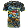 Merry Christmas Gold Coast Titans T Shirt Aboriginal Santa Rugby Mascot - Light Blue