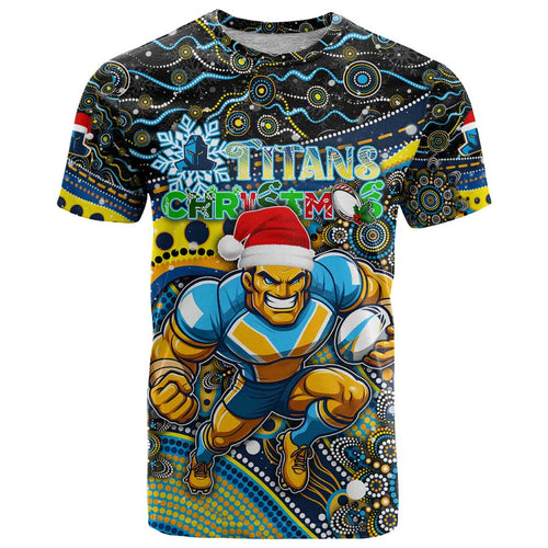 Merry Christmas Gold Coast Titans T Shirt Aboriginal Santa Rugby Mascot - Light Blue