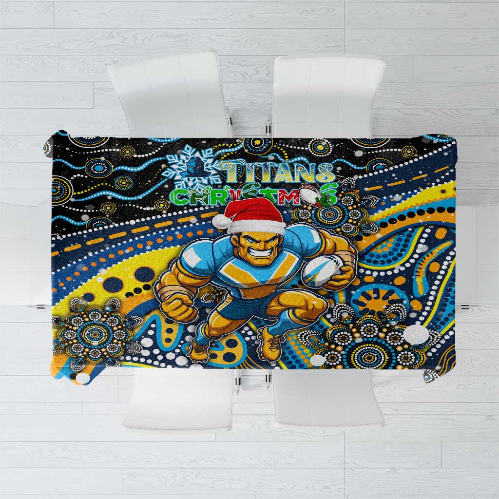 Merry Christmas Gold Coast Titans Tablecloth Aboriginal Santa Rugby Mascot - Light Blue
