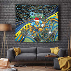 Merry Christmas Gold Coast Titans Tapestry Aboriginal Santa Rugby Mascot - Light Blue