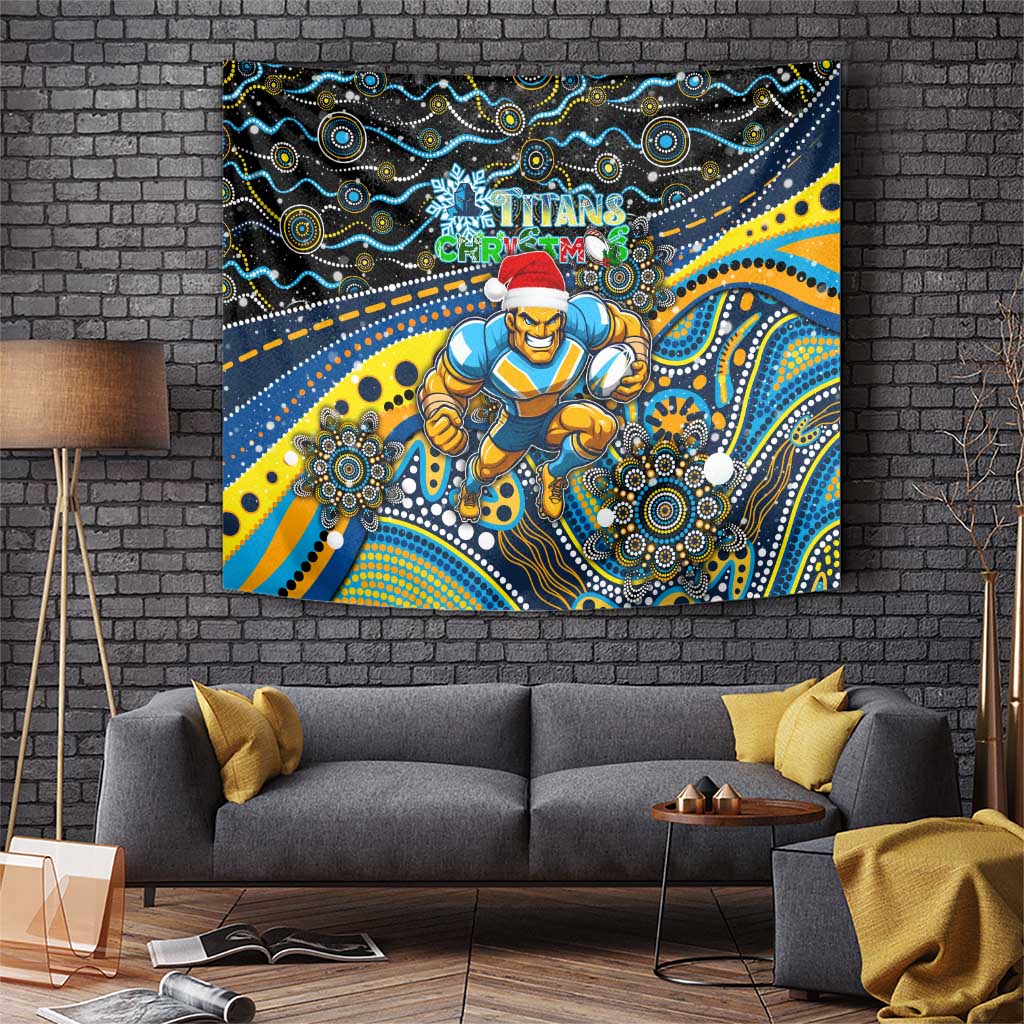 Merry Christmas Gold Coast Titans Tapestry Aboriginal Santa Rugby Mascot - Light Blue