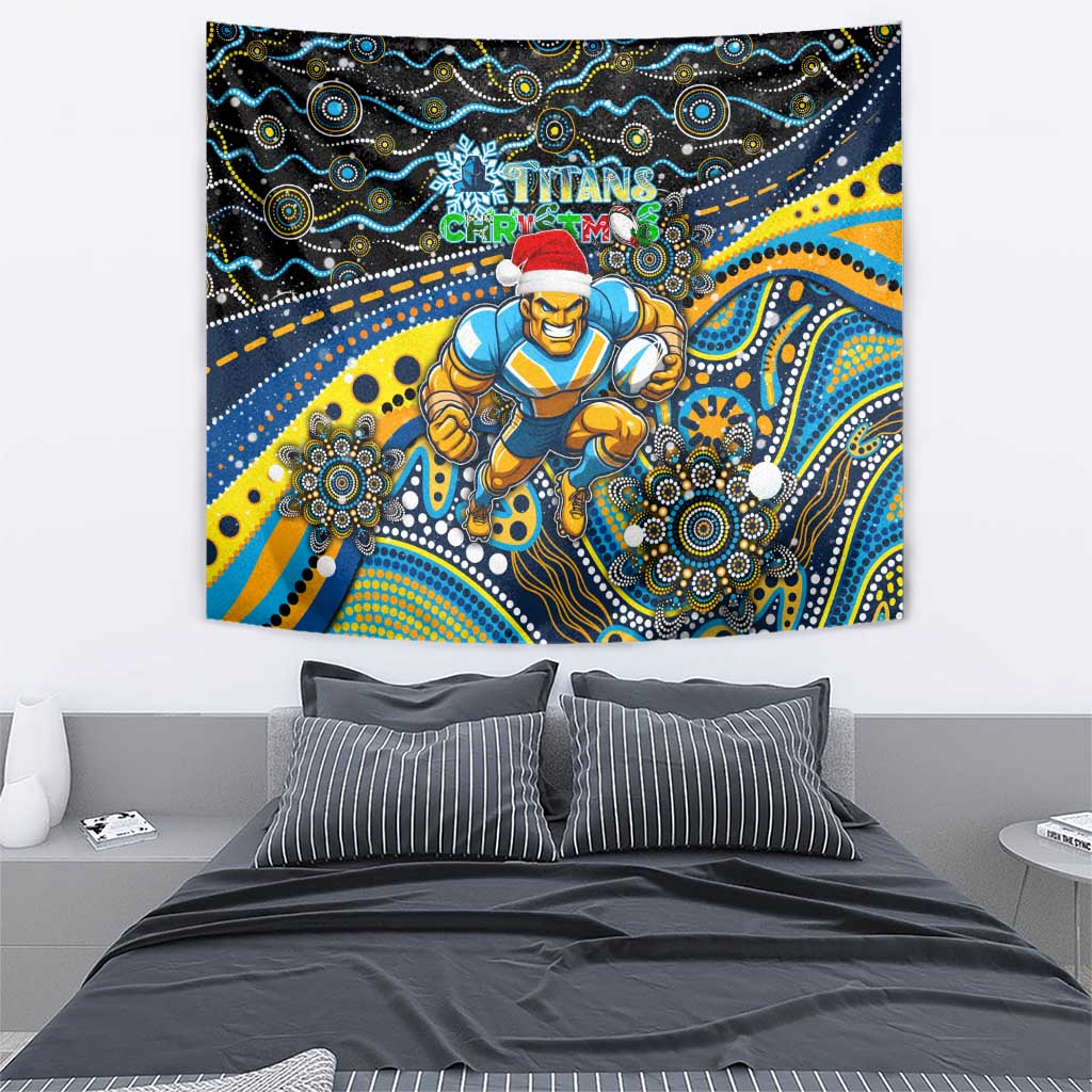 Merry Christmas Gold Coast Titans Tapestry Aboriginal Santa Rugby Mascot - Light Blue